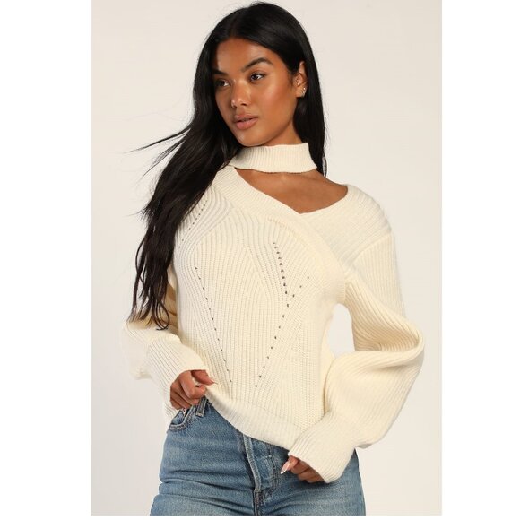 NEW Lulus Trendy Forecast Ivory Pointelle Knit Mock Neck Cutout Sweater Small - Picture 2 of 10